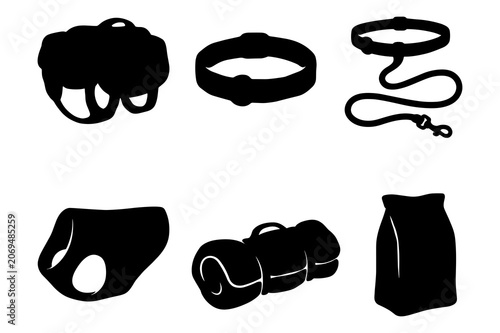 Set of pet supplies and dog walking accessories silhouette collection.