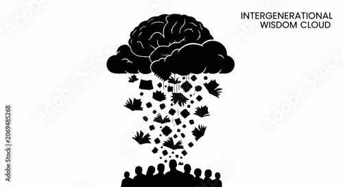 Intergenerational wisdom flows from a brain cloud to a group of people below.