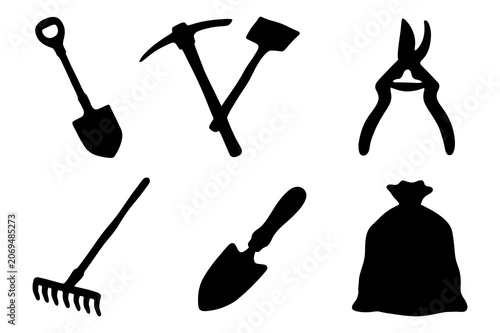 Set of black silhouettes of gardening tools and supplies on a white background.