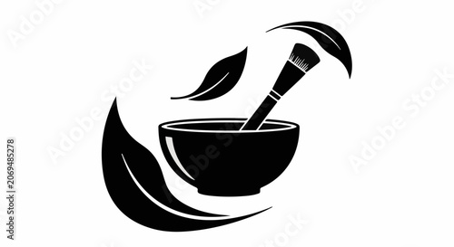 Natural cosmetic ingredients being prepared in a mortar and pestle with leaves swirling around.