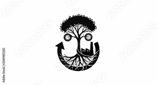 Symbolic face of nature and industry in balance with a recycling arrow