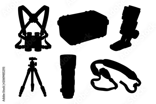 Collection of professional photography equipment and camera accessories silhouettes.