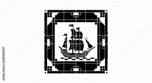 Ornate black and white graphic of a sailing ship within a decorative border