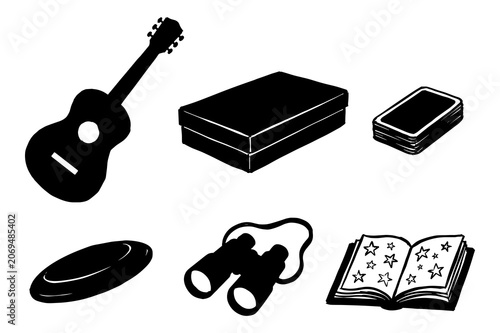 Set of recreational items and leisure objects silhouettes.