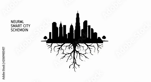 Futuristic city skyline rooted like a tree, symbolizing organic growth and smart urban development.
