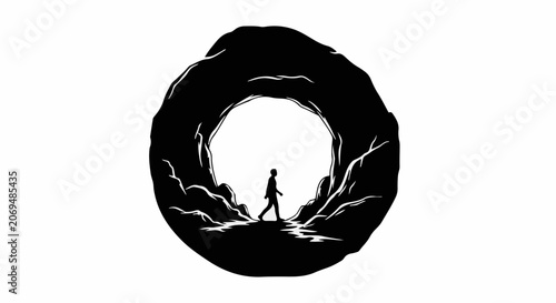 Lone figure walks towards bright light emerging from dark cave entrance, symbolizing hope and new beginnings.