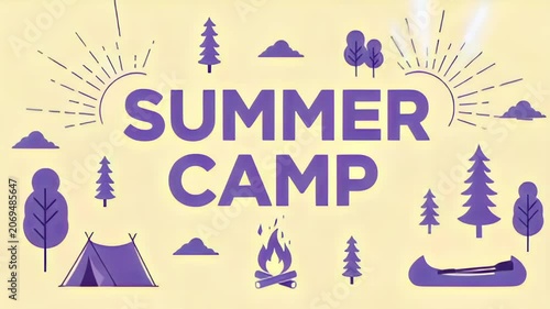 Summer camp illustration with tent, canoe, campfire and trees. animated banner shows simple purple camping icons moving across pale background.