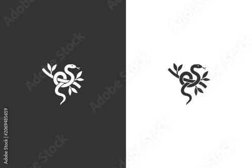 Bild auf Leinwand A minimalist emblem featuring a coiled snake entwined with leaves, symbolizing h
