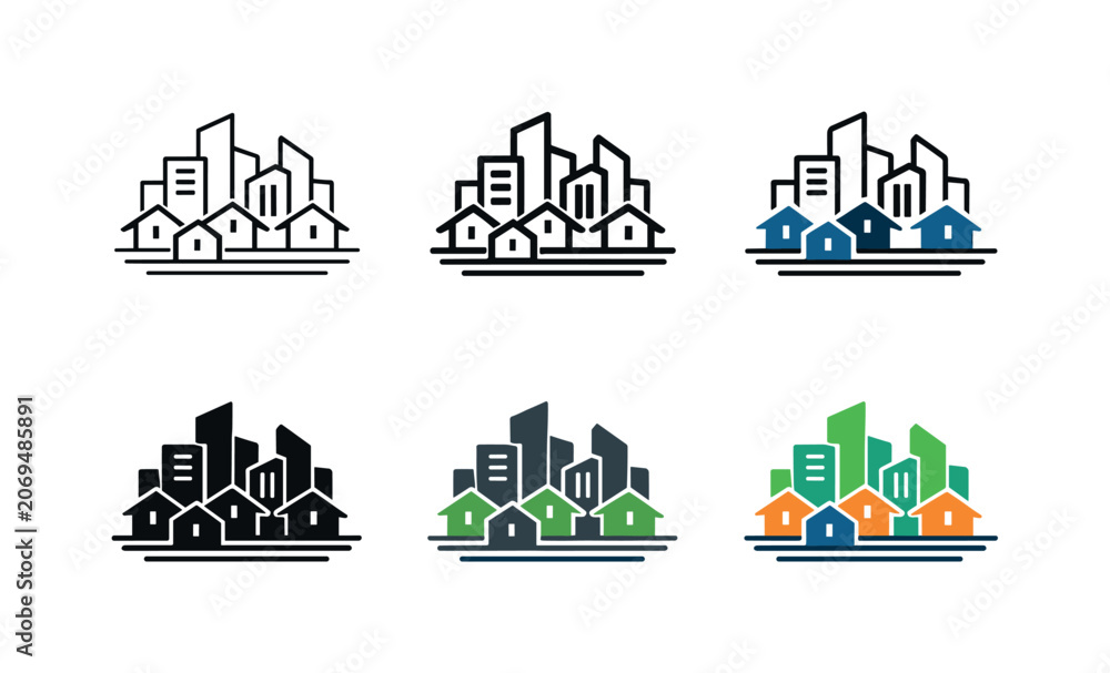 Fototapeta premium Modern city skyline and residential housing icons in various styles