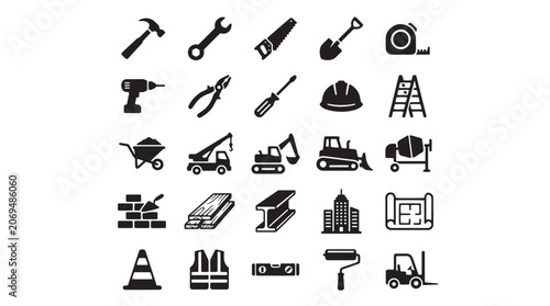 Obraz na plátně Construction icons, building tools, engineering symbols, 25 black equipment illu