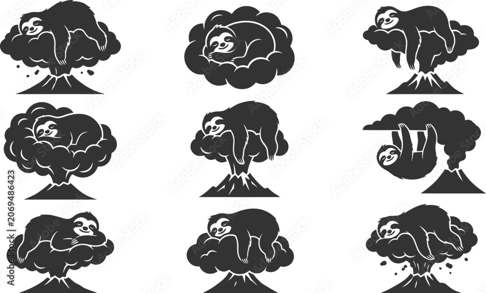 Obraz premium Set of funny sloth silhouettes sleeping on volcanic mountains in different poses for creative graphic design projects