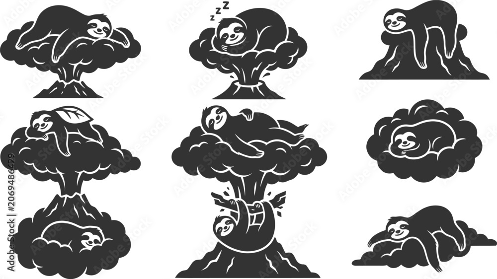 Obraz premium Dreamy sloth silhouettes sleeping on fluffy clouds above volcanic mountains vector illustration graphic collection
