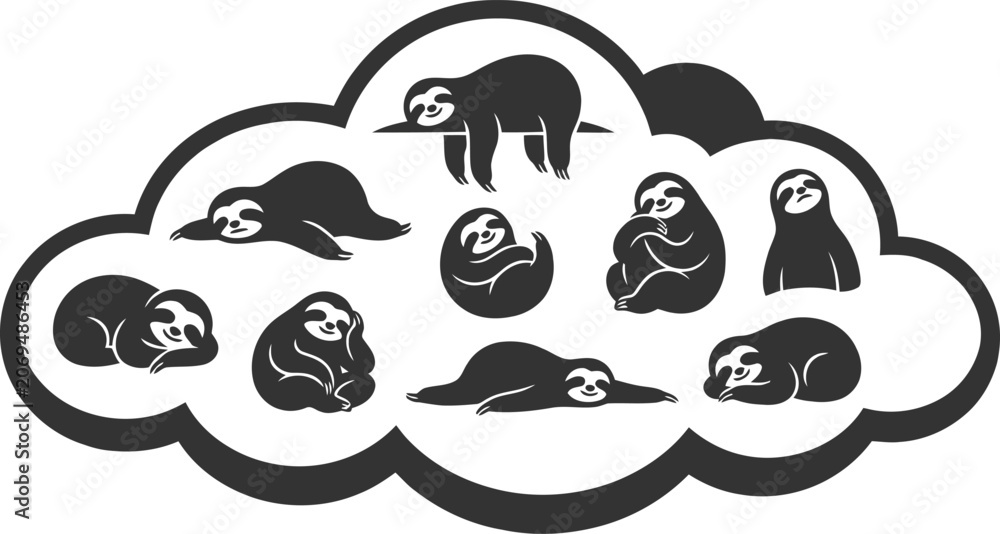 Obraz premium Funny collection of sloth silhouettes resting inside a large cloud shape for whimsical design and creative projects
