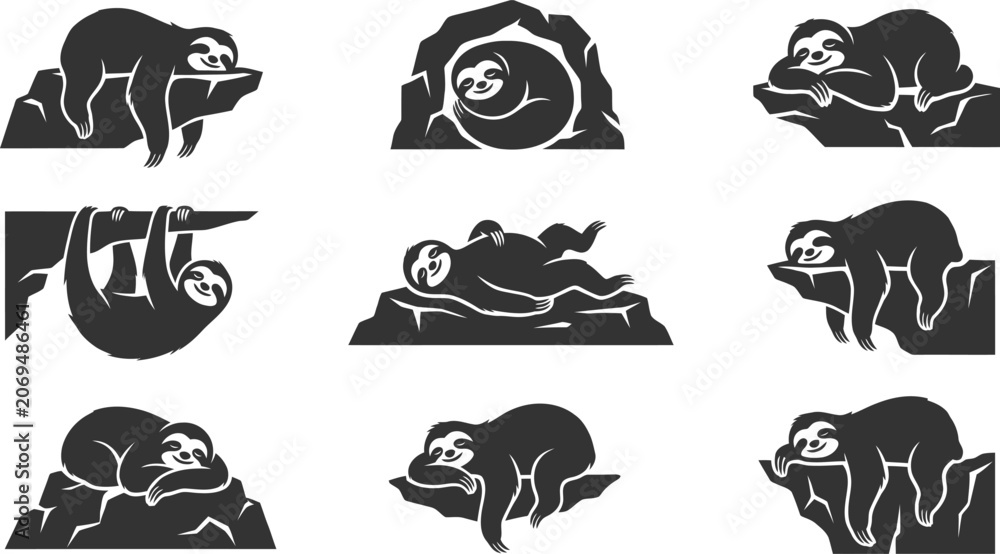 Naklejka premium Detailed vector silhouettes of funny sloths sleeping on jagged rocks in nine unique poses for outdoor nature themes
