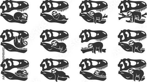 Photos Playful sloth silhouettes resting inside giant dinosaur jaws in prehistoric them