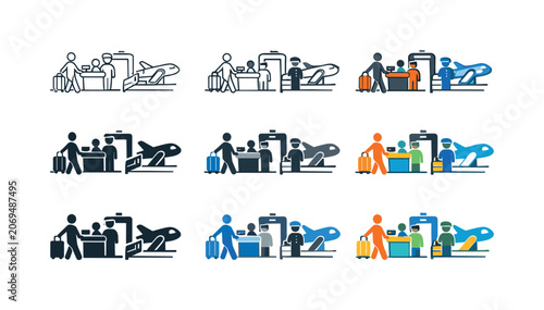 Airport Travel Icon Grid. Passenger airport travel workflow icon depicting luggage, check-in counters, security, boarding, and