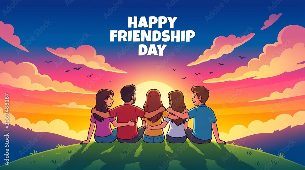 © rezaul4022 - Happy friendship day illustration friends embracing sunset view celebration concept