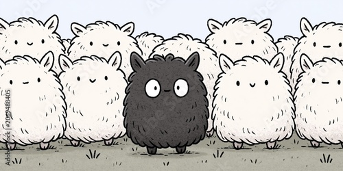black sheep - comical animation of black sheep surrounded by white sheep sticking out from the crowd