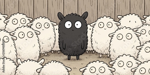 black sheep - comical animation of black sheep surrounded by white sheep sticking out from the crowd