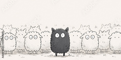 black sheep - comical animation of black sheep surrounded by white sheep sticking out from the crowd