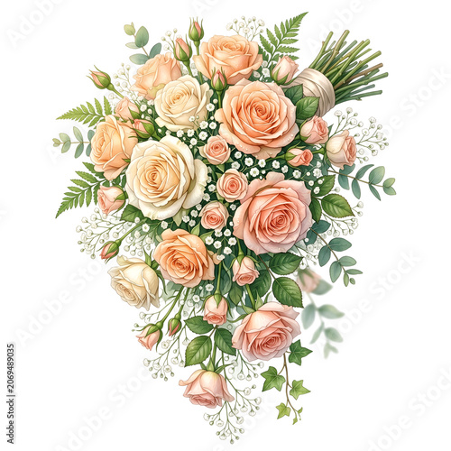 Beautiful bouquet of colorful roses and flowers isolated on white background