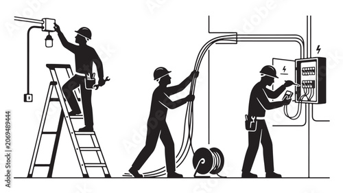 Electricians Working On Electrical Wiring Installation For Industrial Construction Concepts