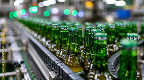 Close-up of green glass bottles on conveyor belt in beverage factory