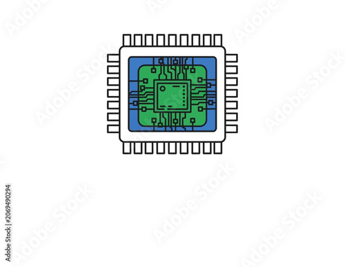Microchip illustration with intricate circuit board design.