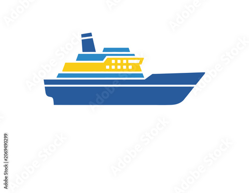 Stylized Blue and Yellow Cruise Ship Icon on White Background.