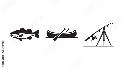 Fishing Icons Set With Fish Canoe And Rod On White Background For Outdoor Recreation Concepts