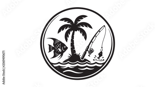 Tropical Island Fishing Scene With Palm Tree And Fish