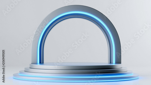 Futuristic glowing blue digital padlock on pedestal in dark space