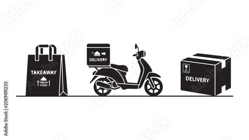 Food Delivery Motorcycle With Takeaway Bag And Box For Restaurant Service Concepts