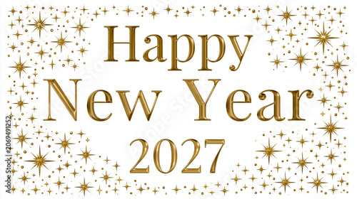 Elegant Happy New Year 2027 Greeting Card with Gold Stars on White