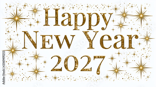 Elegant Happy New Year 2027 Greeting with Gold Sparkle Stars on White