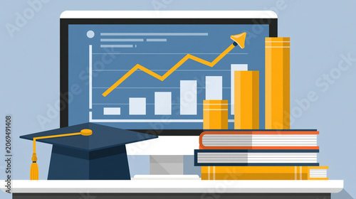 Graduation Cap, Books, and Laptop with Financial Growth Chart on Screen