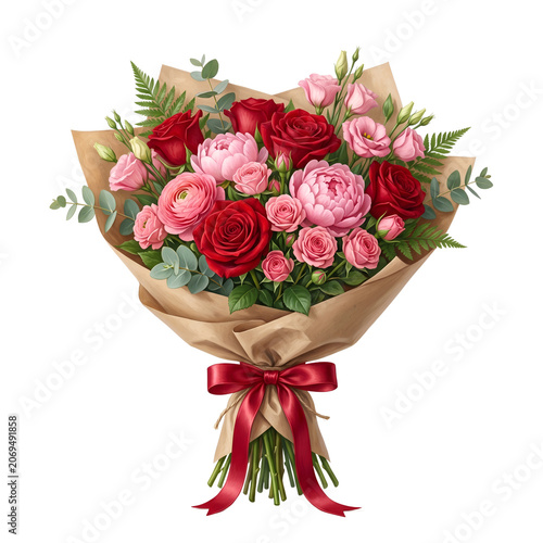 Beautiful bouquet of red and pink roses tied with ribbon isolated on white background