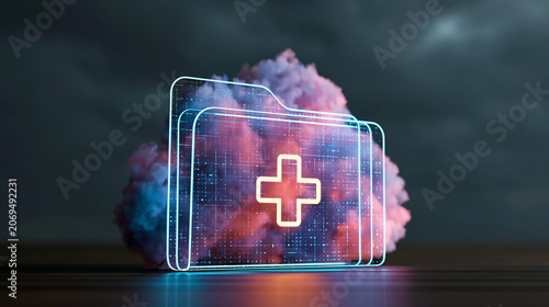 Glowing Medical Kit Icon with Colorful Smoke on Dark Background