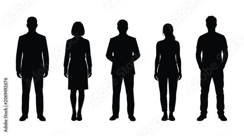 Five diverse silhouettes of people standing together in formal and casual attire