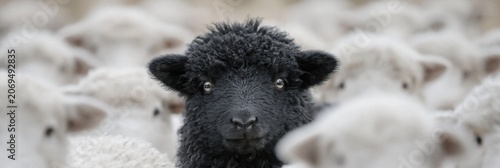 black sheep standing among white sheep