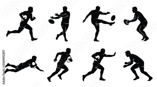 A collection of black silhouette illustrations depicting rugby players in various action poses