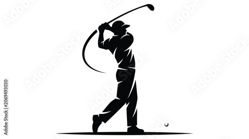 Silhouette of a golfer swinging a club, captured mid-action with the ball on the ground