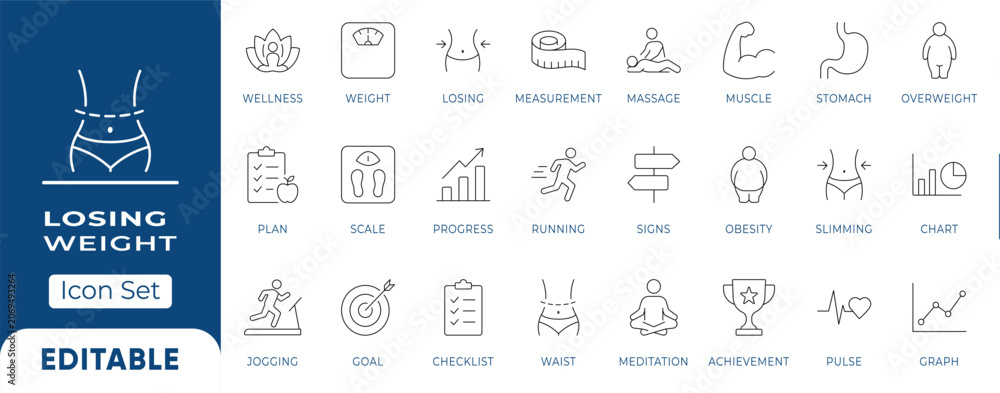 Naklejka premium Weight Loss and Body Measurement Line Icon Set. Fitness Tracking and Diet Plan Editable Vectors Collection.