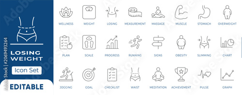 Fotografía Weight Loss and Body Measurement Line Icon Set