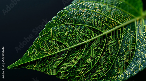 Close-up of green leaf with detailed veins and water droplets on dark background