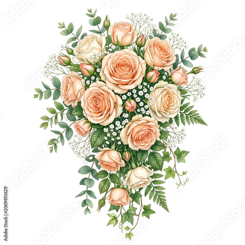 Beautiful bouquet of roses in soft pastel colors isolated on white background