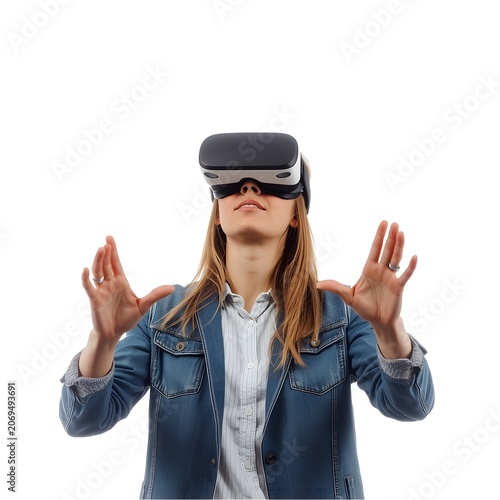 Virtual reality user interacting with immersive environment, clean background, stock-ready, 8K