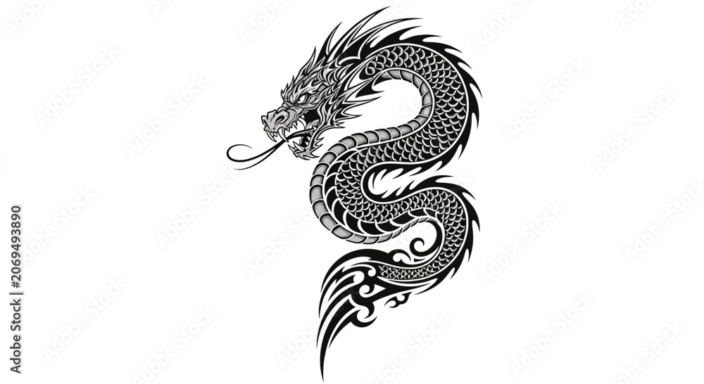 Fototapeta premium Intricate Black and White Dragon Illustration with Tribal Elements.