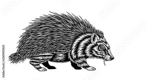 Billede på lærred Detailed illustration of a porcupine with distinctive striped markings and quills