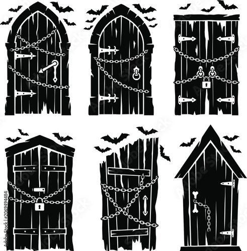 Billede på lærred Haunted doors vector illustration set with bats and chains